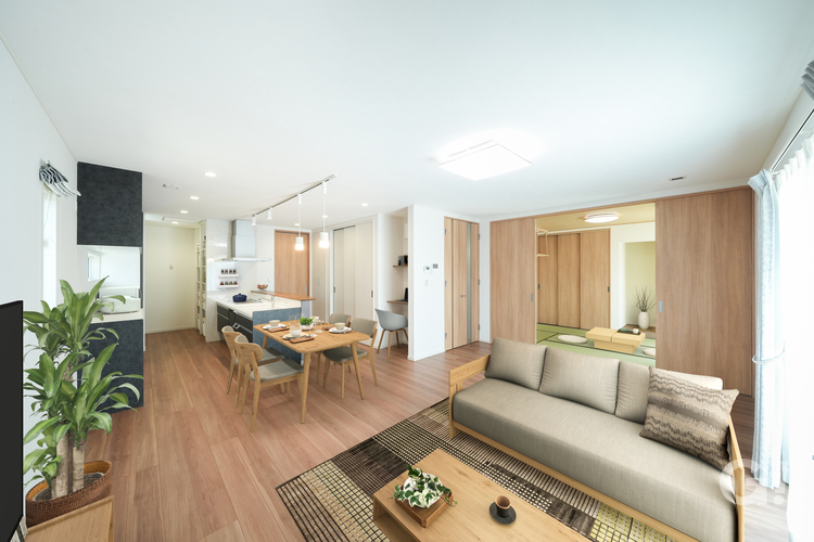 壁に囲まれたカウンターがあるナチュラルなLDK