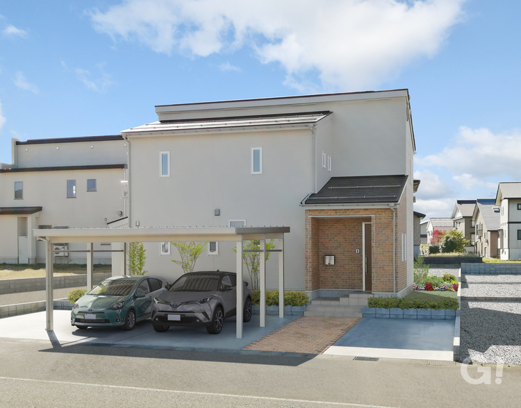 レンガのアプローチと玄関ポーチがおしゃれなお家