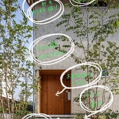 北玄関の外観　木目と植栽