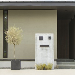 オシャレなグリーンがやさしい雰囲気になる美しい規格住宅の玄関アプローチ