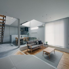 吹抜けから入る光が全体を心地よく照らす明るいLDK